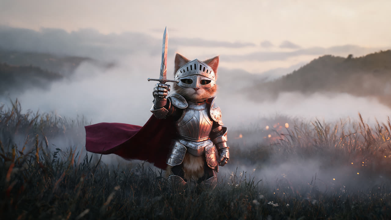 Knight Cat AI 视频生成器:上传一张猫咪照片,选择预设,一键生成私密无水印的铠甲骑士视频